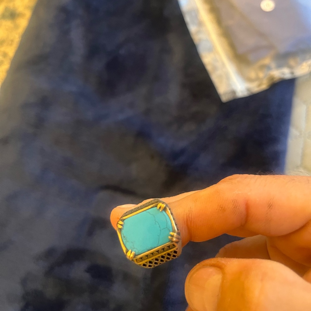 Turquoise Stone Men's Silver Ring - Blue Accent - Picture 6 of 9